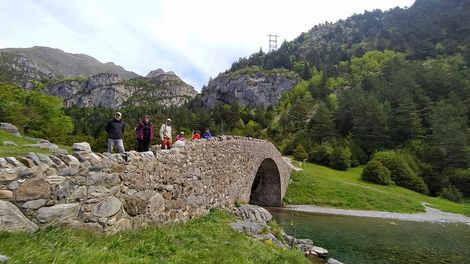 Un grupo de personas está de pie en un puente de piedra sobre un río.