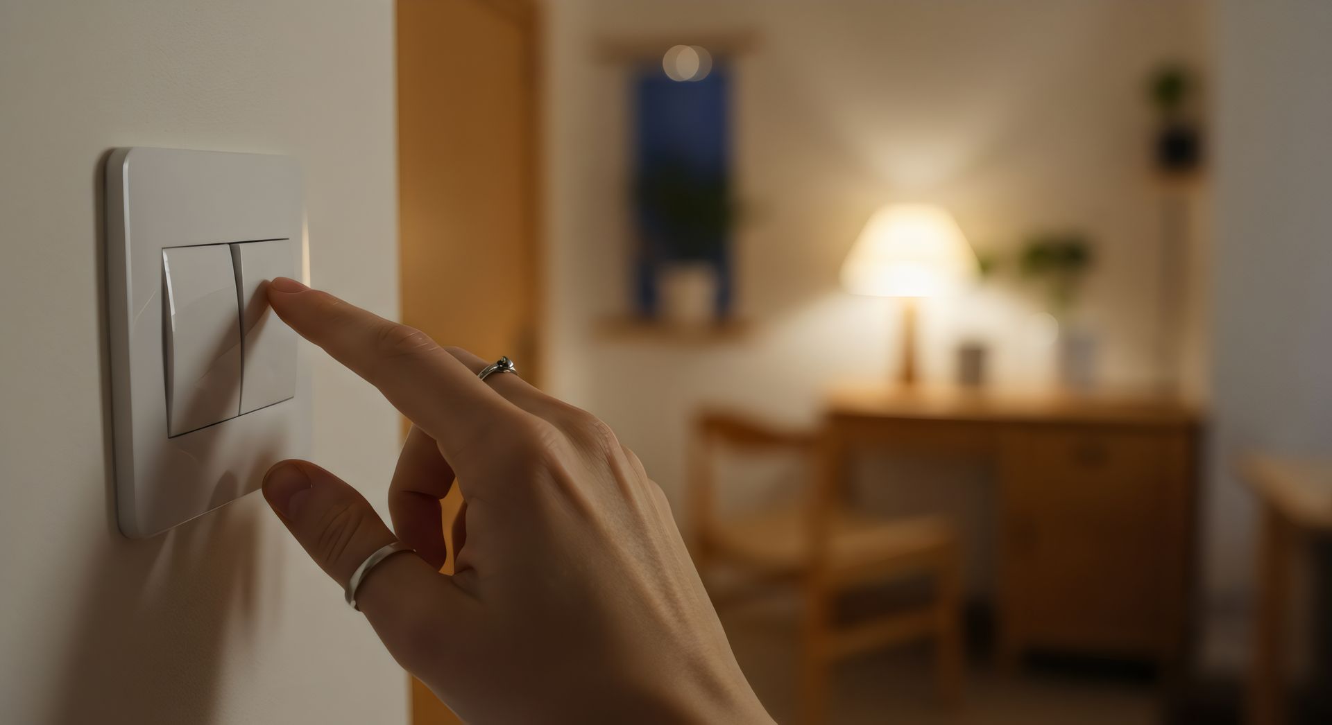 Une main actionne un interrupteur à côté d'une lampe de bureau dans une pièce à l'éclairage chaleureux.