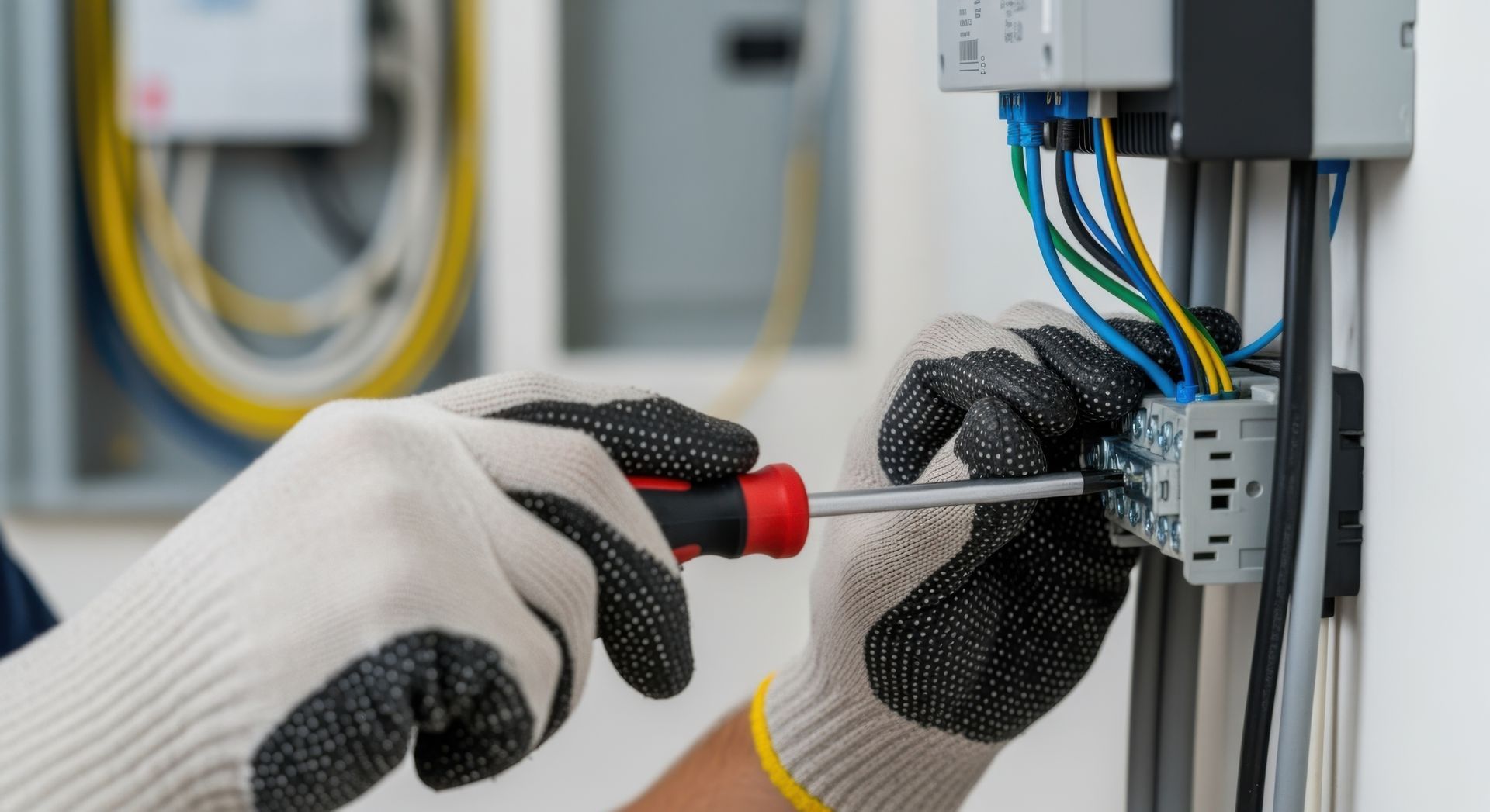 Un électricien utilise un tournevis pour travailler sur le câblage d'une boîte électrique ; les fils sont de couleurs différentes.