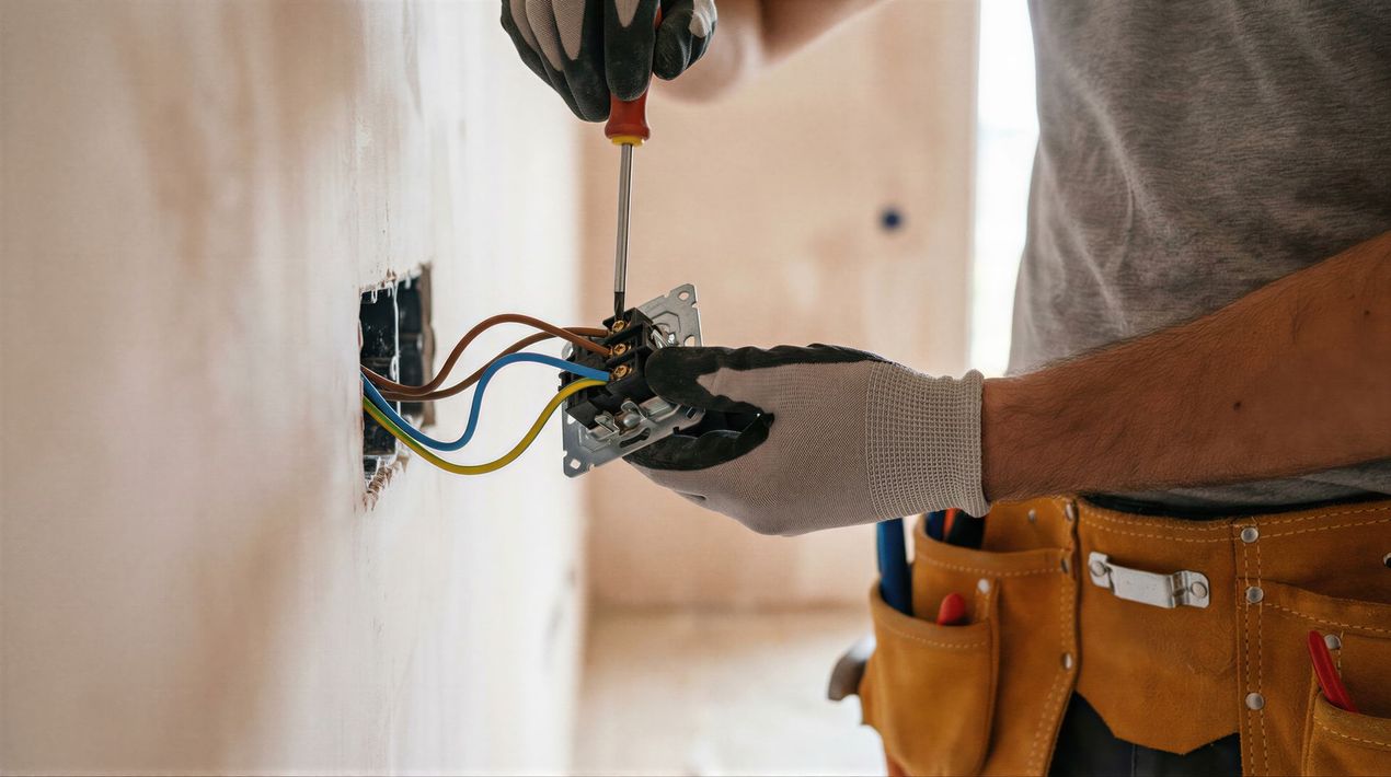 Un électricien installe une prise. Les fils sont connectés, il tient un tournevis et sa ceinture à outils est visible.