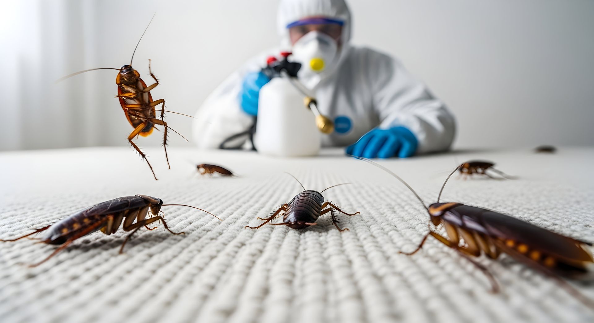 Un agent de désinsectisation pulvérise un insecticide sur une surface blanche pour tuer des cafards.