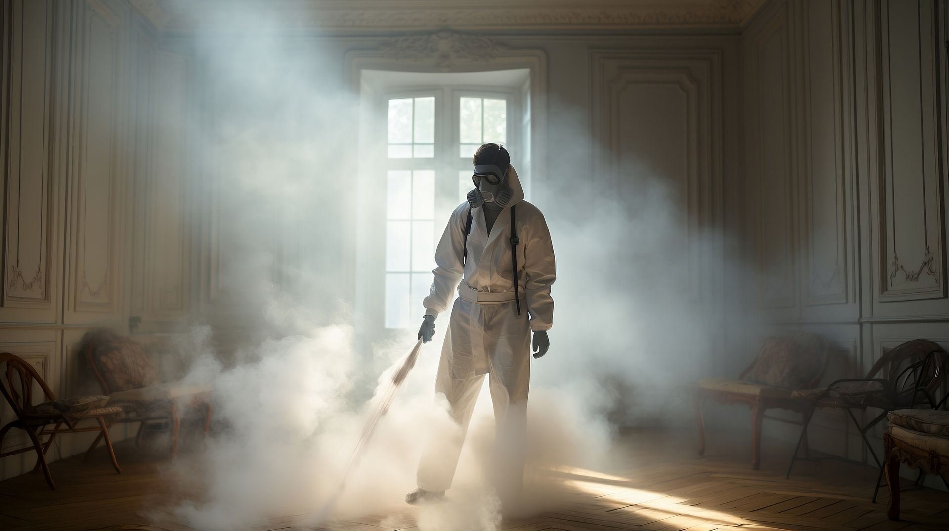 Une personne en combinaison de protection chimique procède à la fumigation d'une pièce.