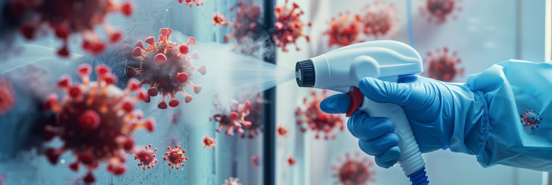 Une personne qui pulvérise du désinfectant sur une zone recouverte d'illustrations de virus.