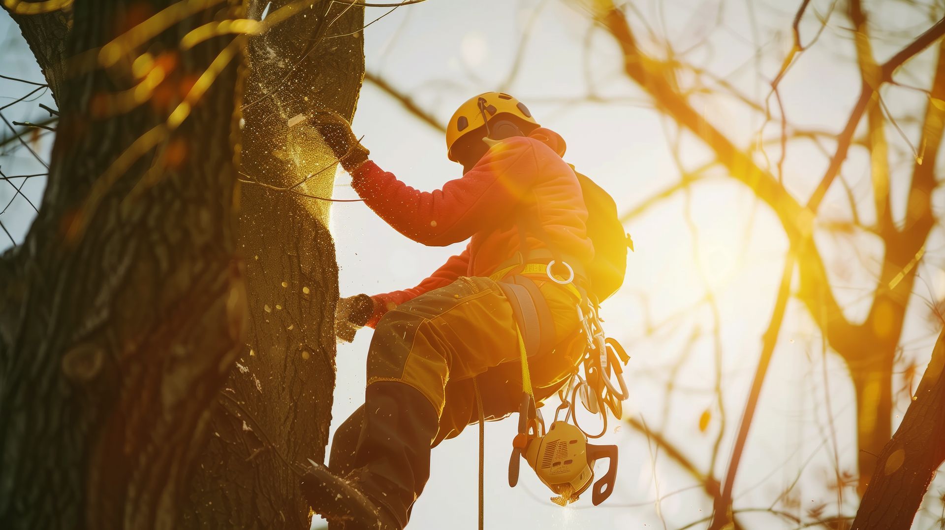Arboriste en tenue de sécurité, grimpant à un arbre.