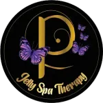 Un logotipo para una terapia de spa de gelatina con mariposas moradas.