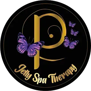 Un logotipo para una terapia de spa de gelatina con mariposas moradas.