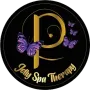 Un logotipo para una terapia de spa de gelatina con mariposas moradas.