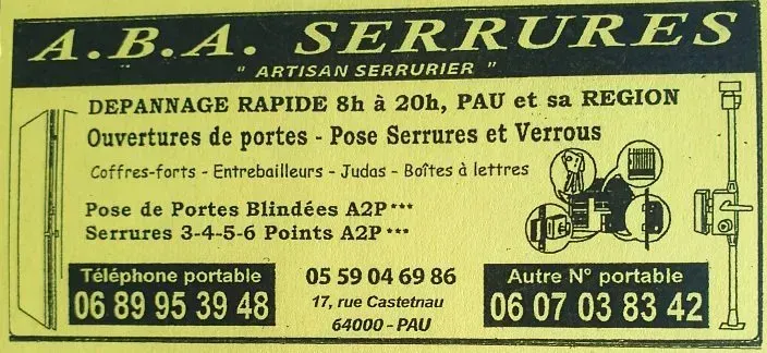 Carte de visite d'A.B.A Serrures, serrurier proposant des services de portes et serrures à Pau, France. Numéros de téléphone inclus.