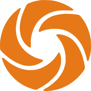 Orangefarbenes, abstraktes Wirbelmuster, kreisförmig mit sechs gebogenen Segmenten.