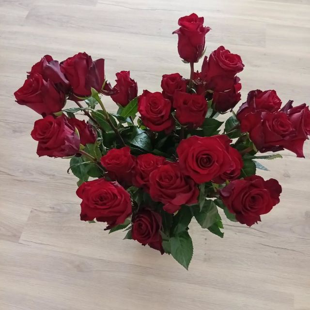 Un bouquet de roses rouges aux feuilles vertes, disposé sur un parquet clair.