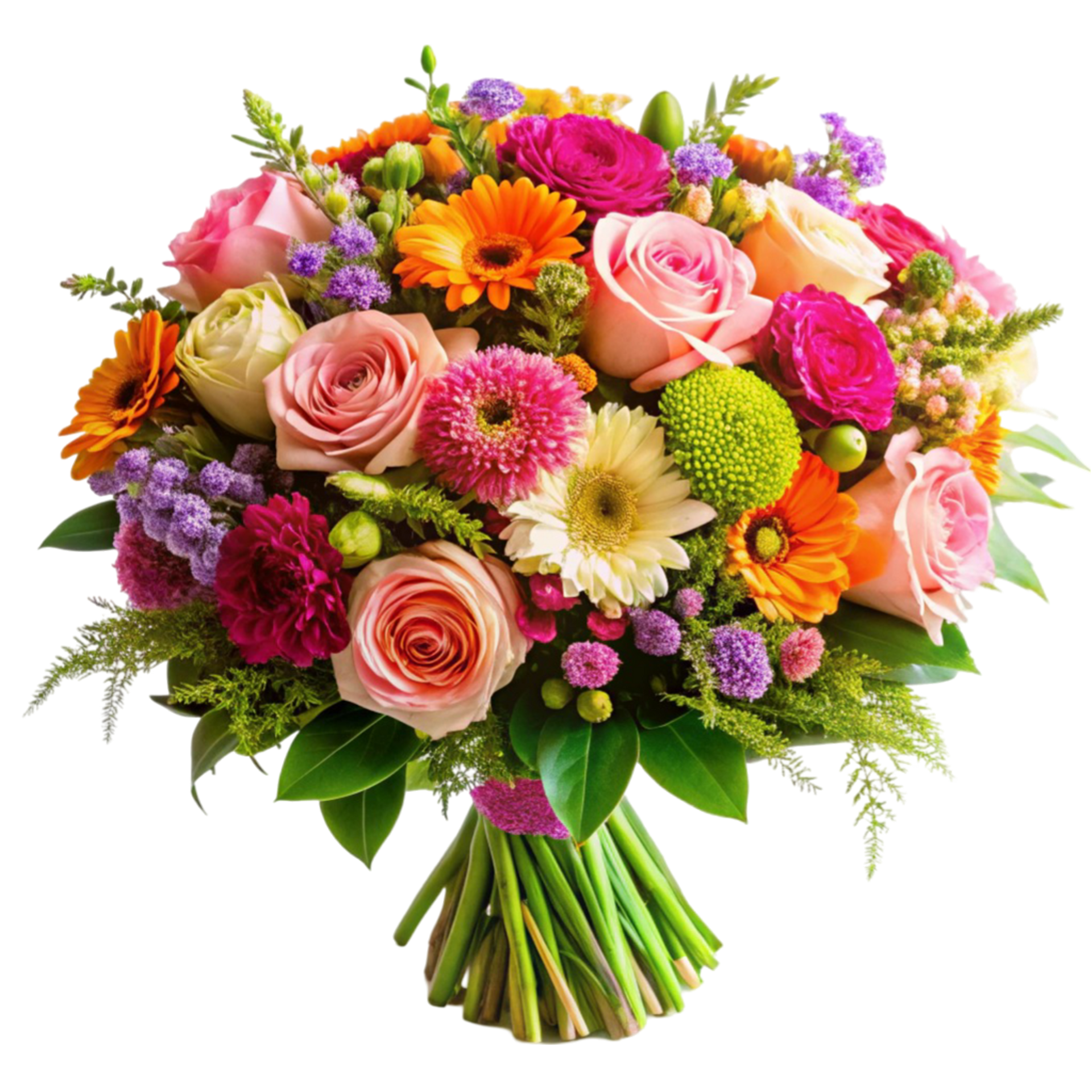 Bouquet coloré de fleurs mélangées avec des roses, des marguerites et des chrysanthèmes roses, oranges, jaunes et vertes.