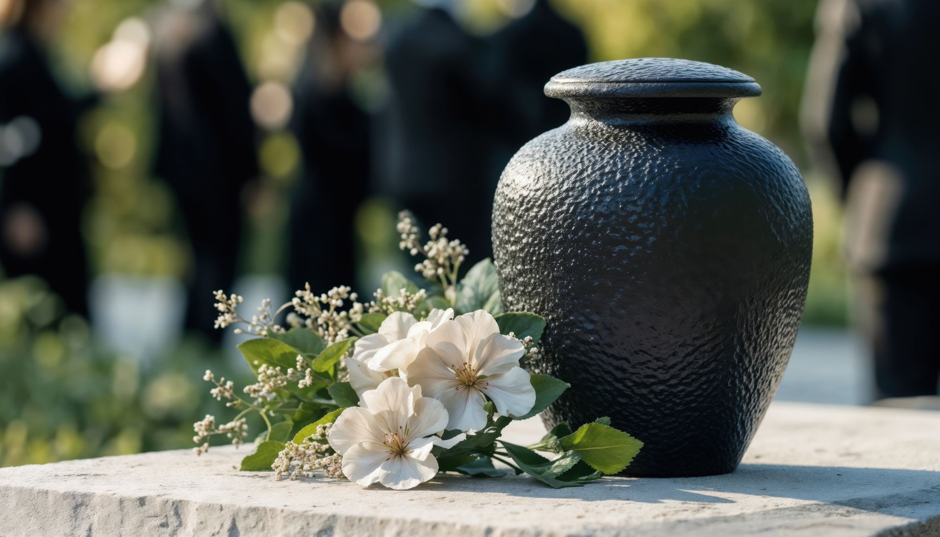 Urne noire texturée avec des fleurs blanches sur une surface en pierre dans un cadre de jardin.