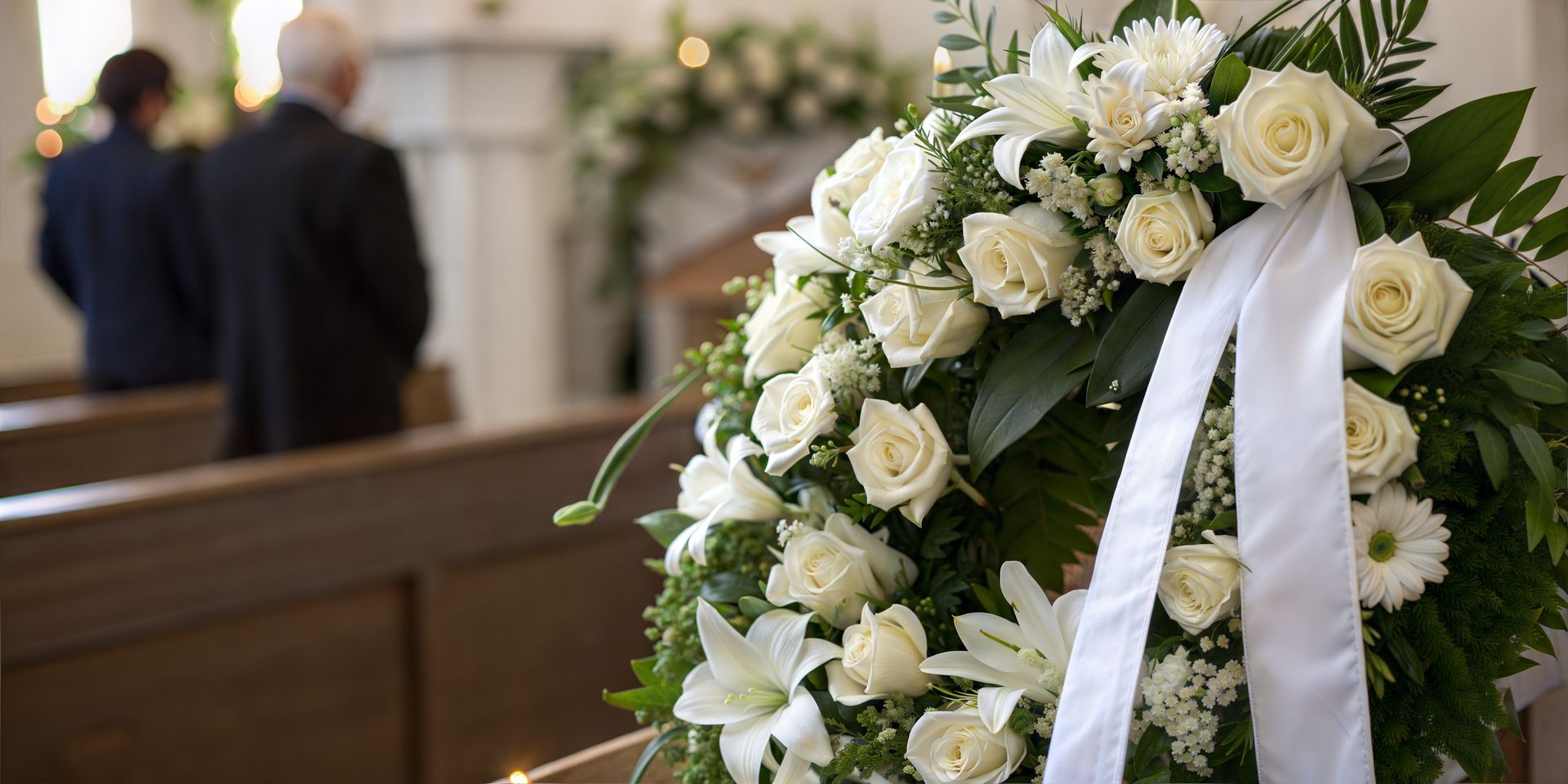 Couronne de roses blanches ornée d'un ruban dans une église, avec des personnes floues en arrière-plan.