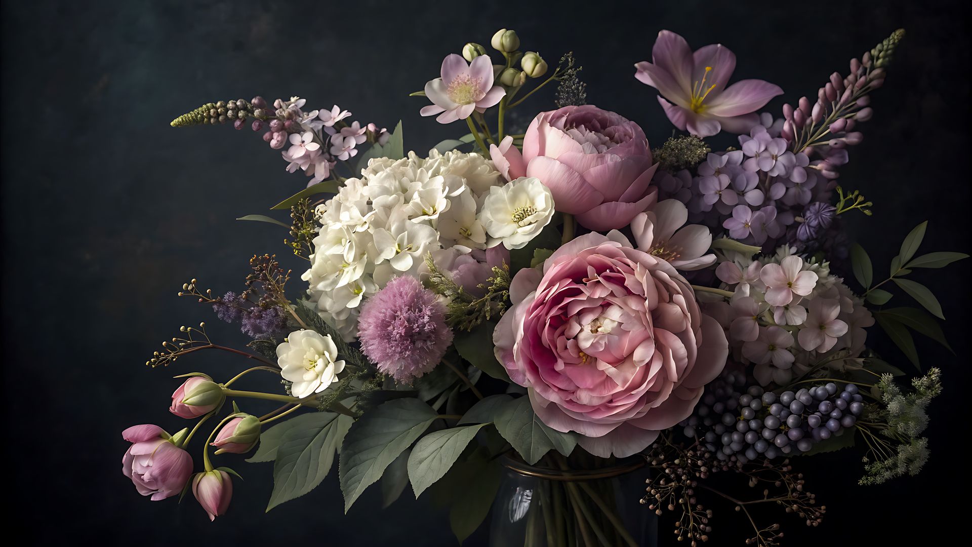 Bouquet de fleurs roses et blanches sur fond sombre, composé de roses, d'hortensias et de fleurs délicates.