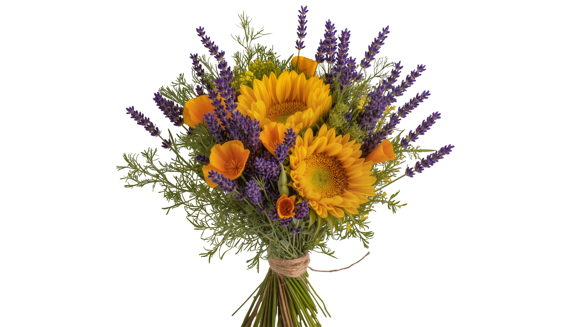 Bouquet de tournesols jaunes et de fleurs violettes avec de la verdure sur fond blanc