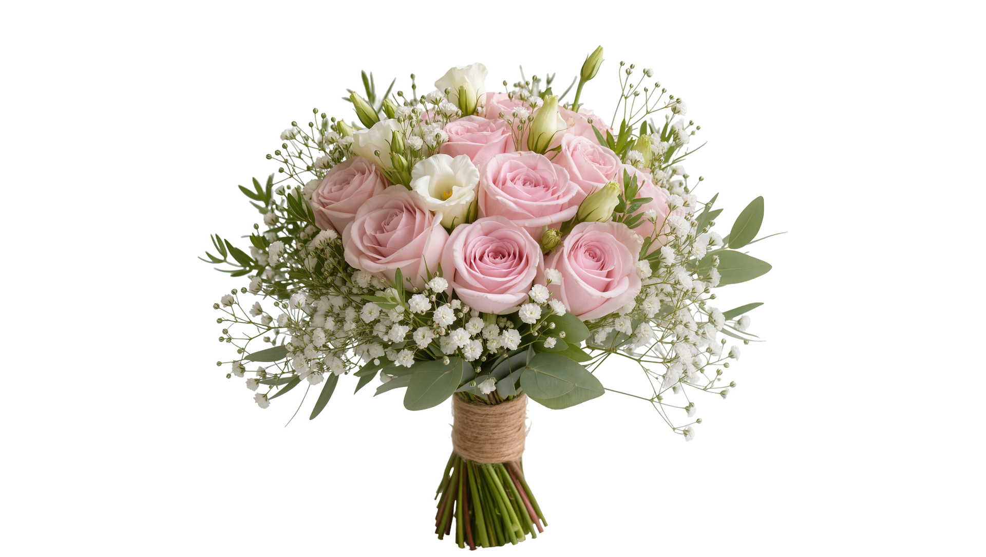Bouquet de roses roses et de fleurs blanches, noué à la main avec du feuillage vert.
