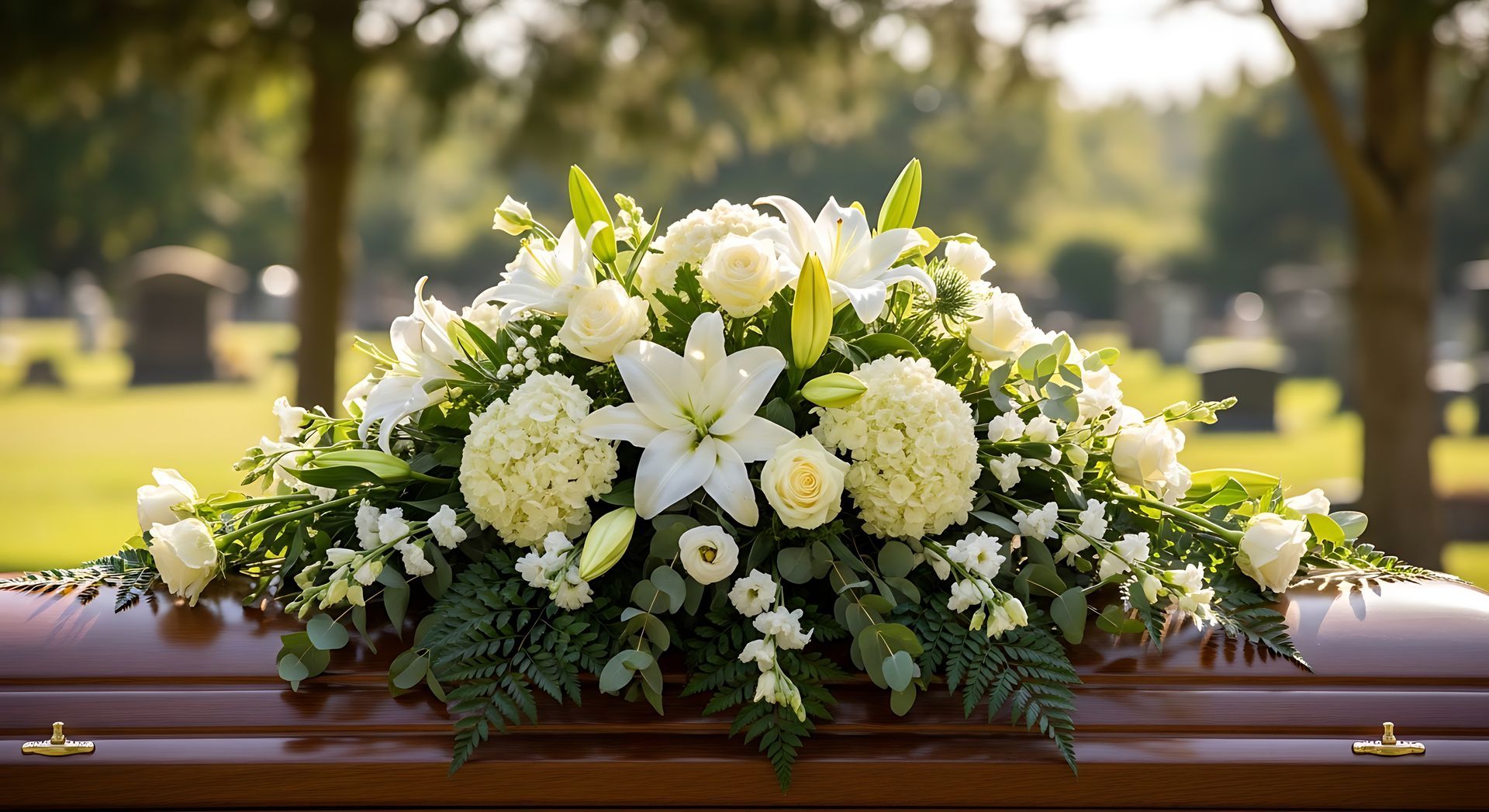 Gerbe funéraire de fleurs blanches sur un cercueil poli dans un cimetière.