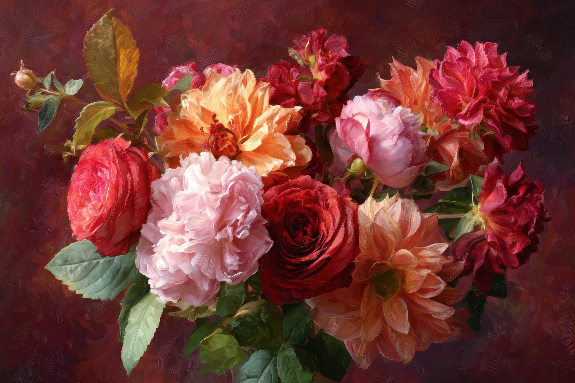 Peinture de fleurs roses, rouges et pêche disposées en un bouquet luxuriant sur fond sombre