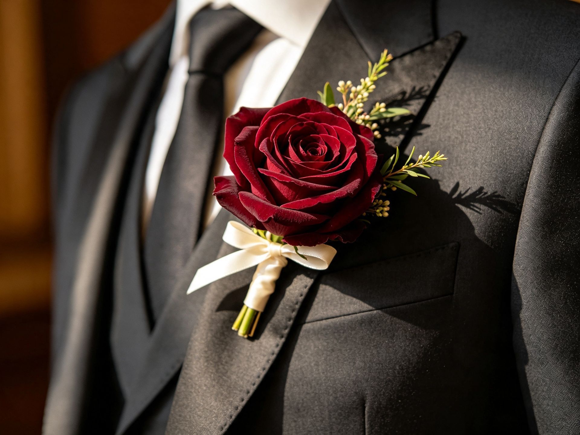 Boutonnière de rose rouge épinglée au revers d'un costume noir avec un ruban crème et de la verdure