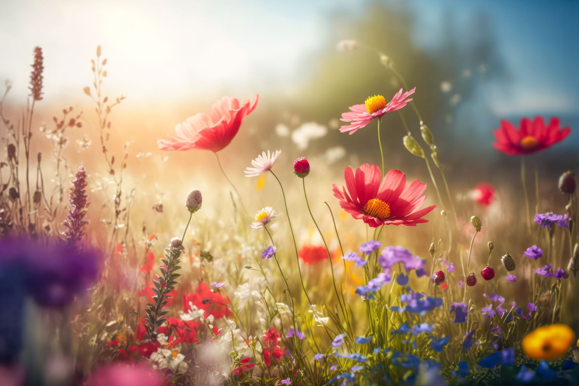 Fleurs sauvages dans une prairie ensoleillée, avec des fleurs roses, rouges et violettes qui se balancent dans un flou artistique.