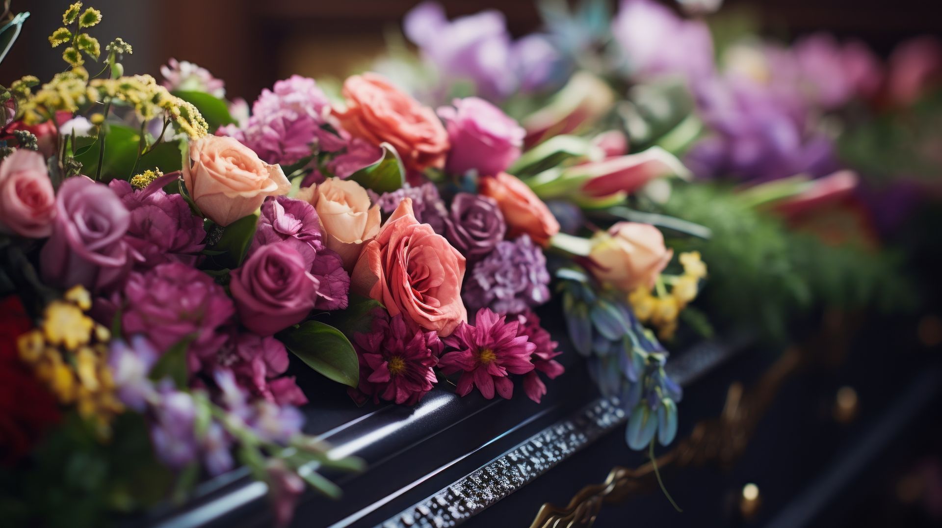 Un assortiment de fleurs roses, violettes et pêche disposées en un bouquet décoratif sur une surface sombre.