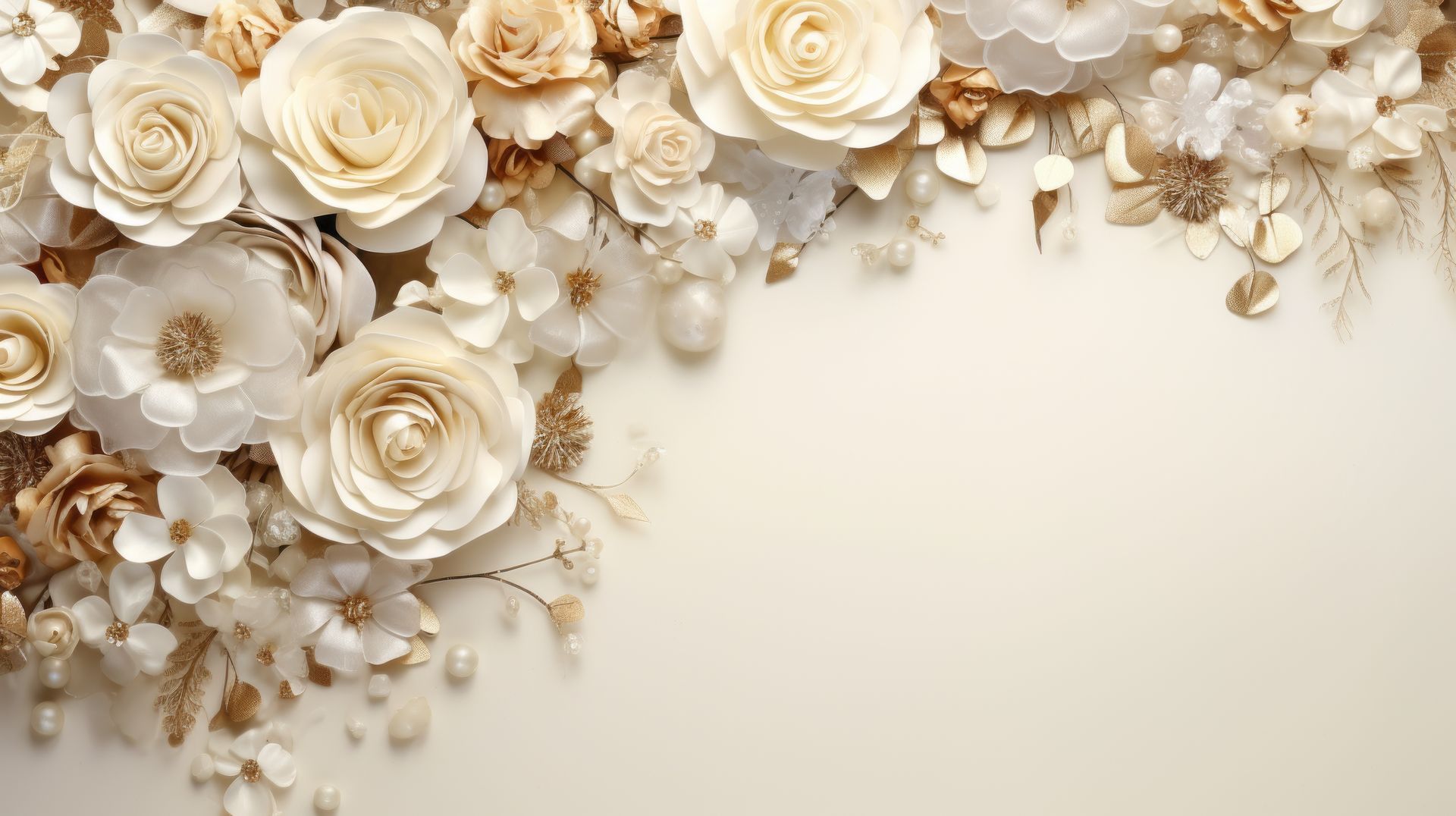 Bordure florale crème et blanche avec des roses en haut et à gauche sur un fond beige clair