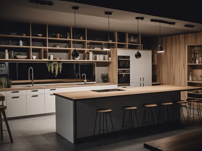 Cocina moderna con muebles de madera, isla con taburetes y estanterías abiertas.