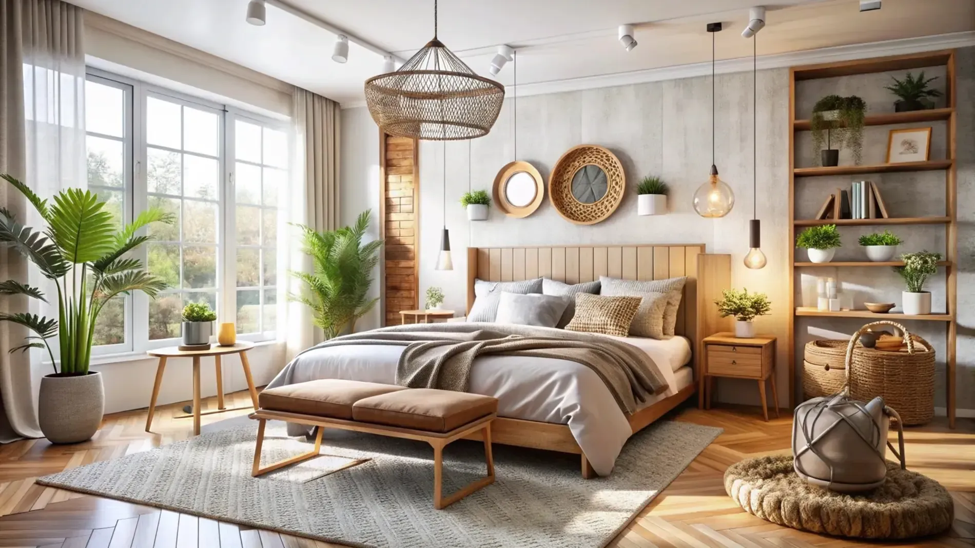 Acogedor dormitorio con cama de madera, lámpara de araña tejida, plantas y luz natural.