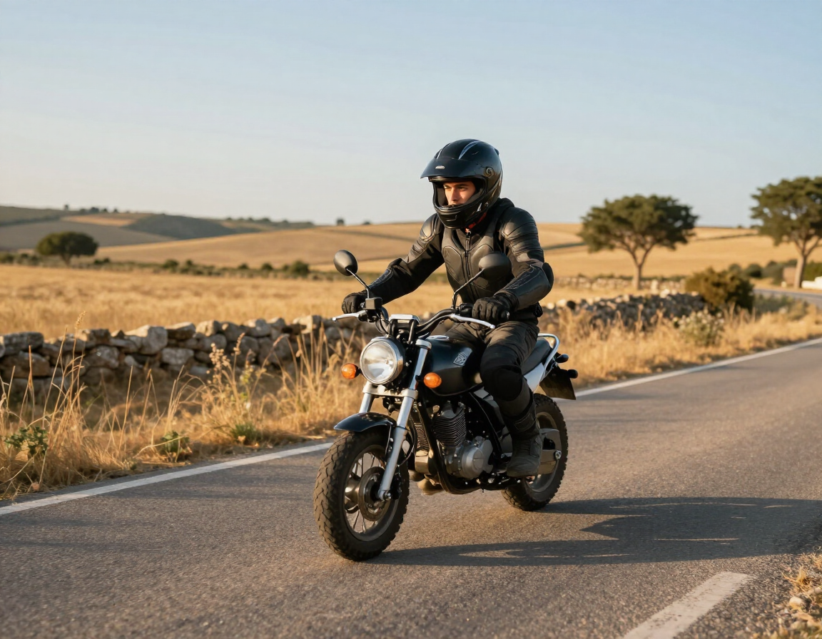 Un motociclista circula por una carretera rural, junto a muros de piedra y campos, al atardecer