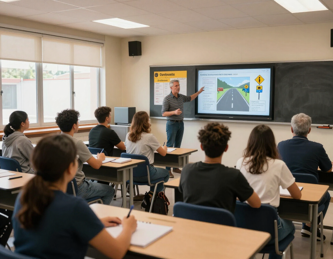 Un profesor impartiendo una clase de seguridad vial a sus alumnos en un aula con una pantalla grande
