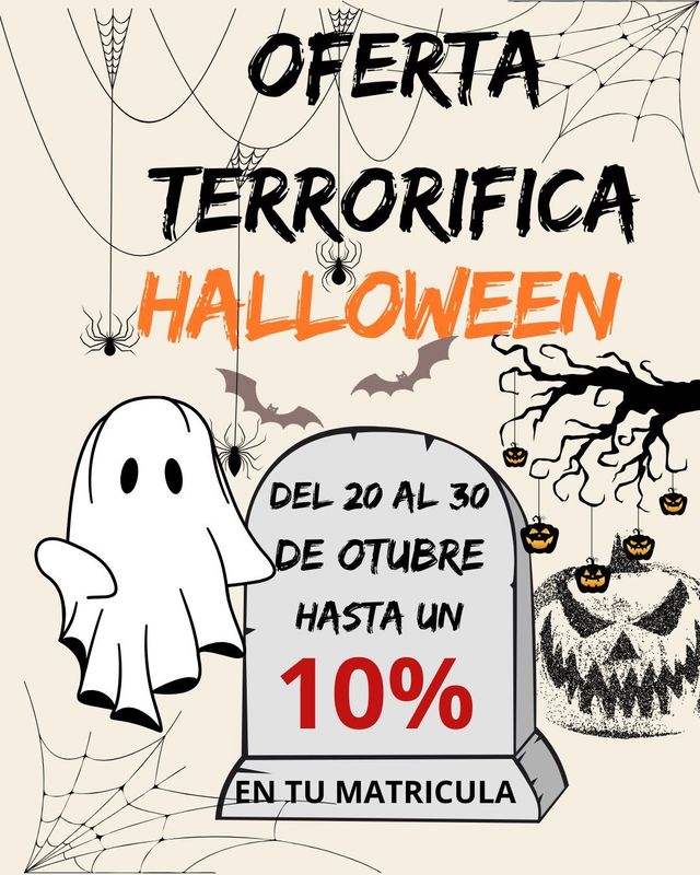 Póster de oferta de Halloween con un fantasma, telarañas y un 10 % de descuento en la matrícula del 20 al 30 de oct