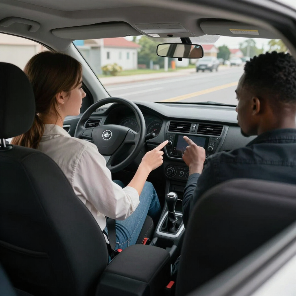 Dos personas en un coche, una conduciendo y la otra usando un teléfono inteligente, en una carretera suburbana.