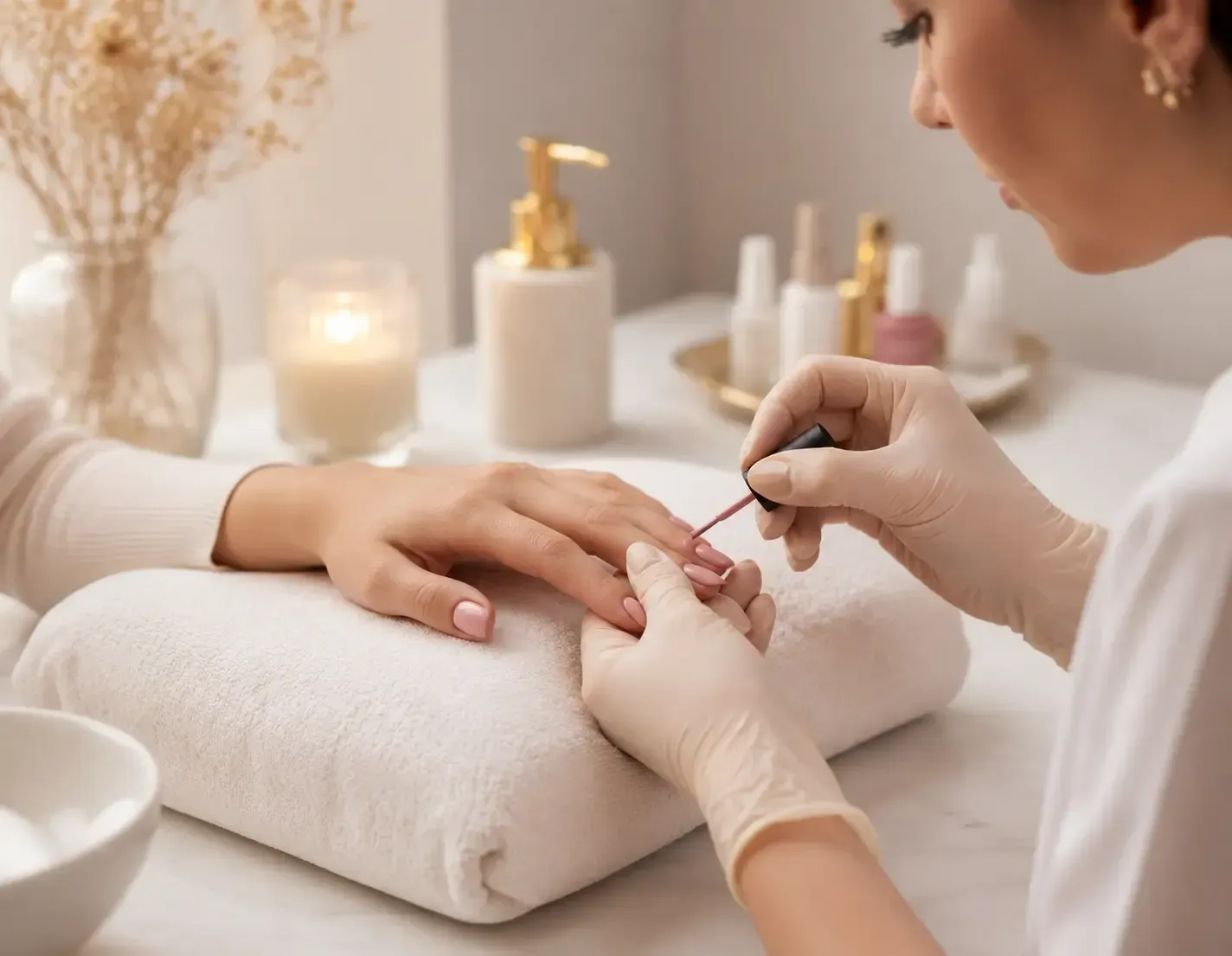 Mano con manicura recibiendo un tratamiento de uñas sobre una toalla suave en un luminoso entorno de spa.