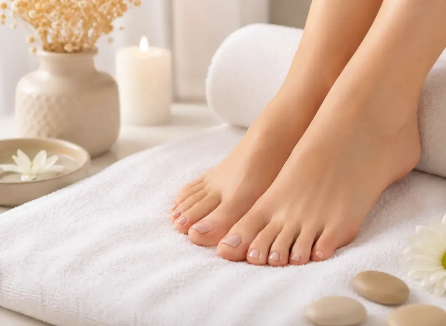 Pies descalzos relajados sobre una toalla blanca junto a velas y piedras de spa.