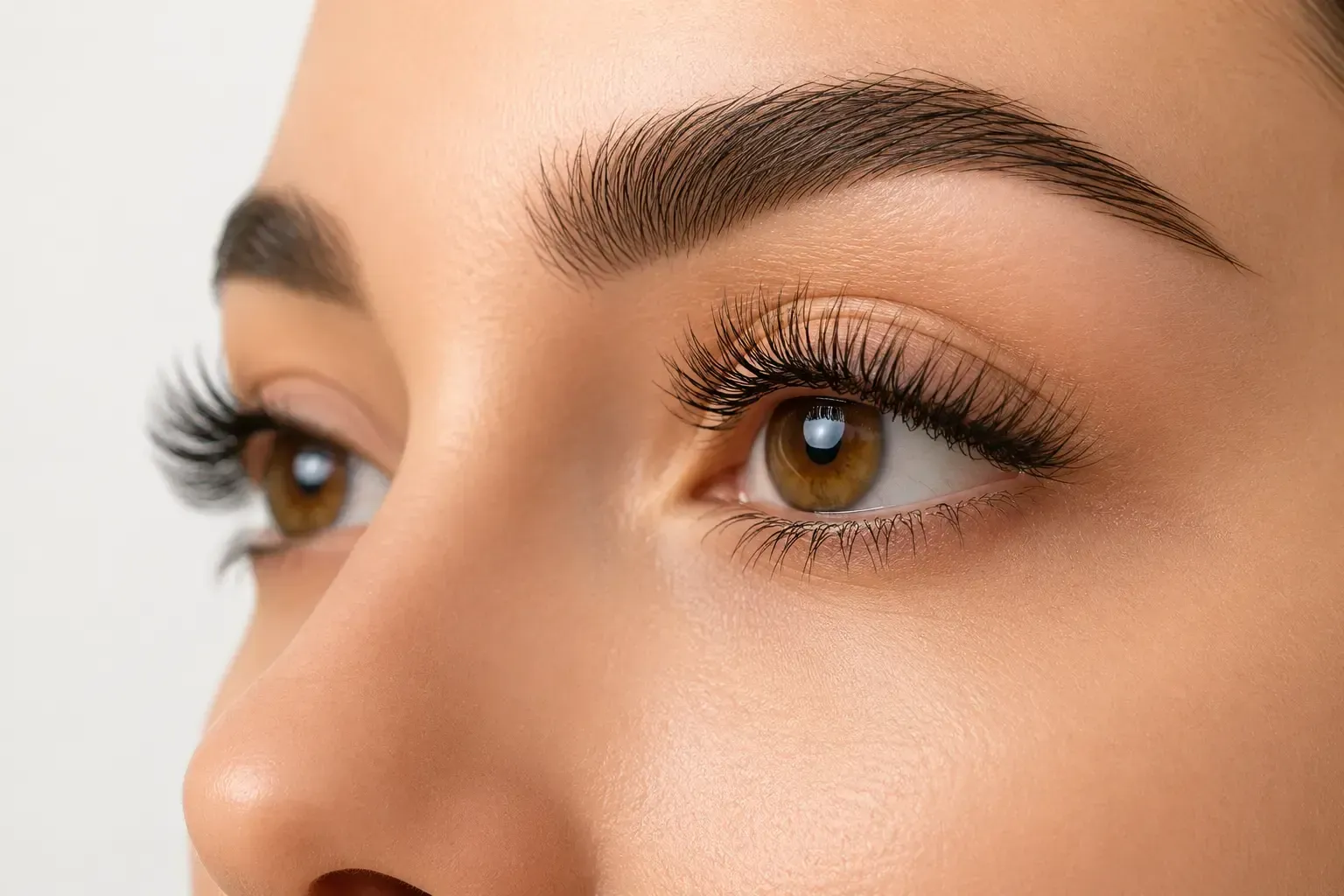 Primer plano de los ojos de una persona con pestañas largas y cejas bien arregladas.