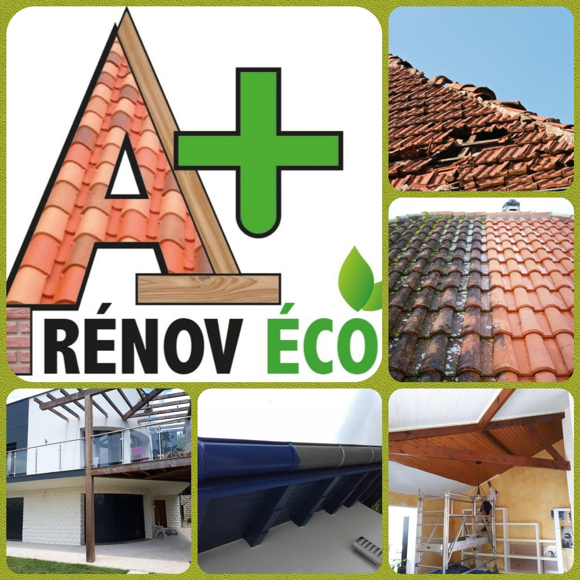 Montage de photos comprenant le logo de A+ RÉNOV ÉCO et des photos de chantier