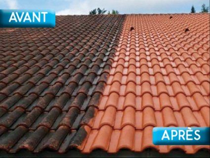 Montage photos avant/après d'un démoussage de toiture