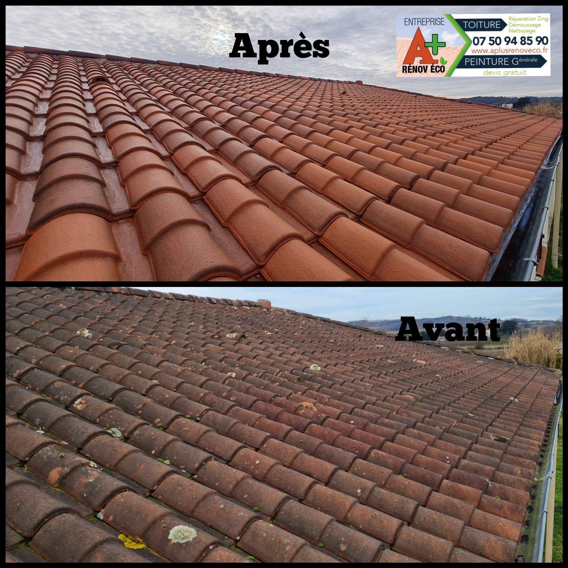Montage photos avant/après d'un démoussage de toiture et carte de visite de la société A+ RÉNOV ÉCO en haut à droite