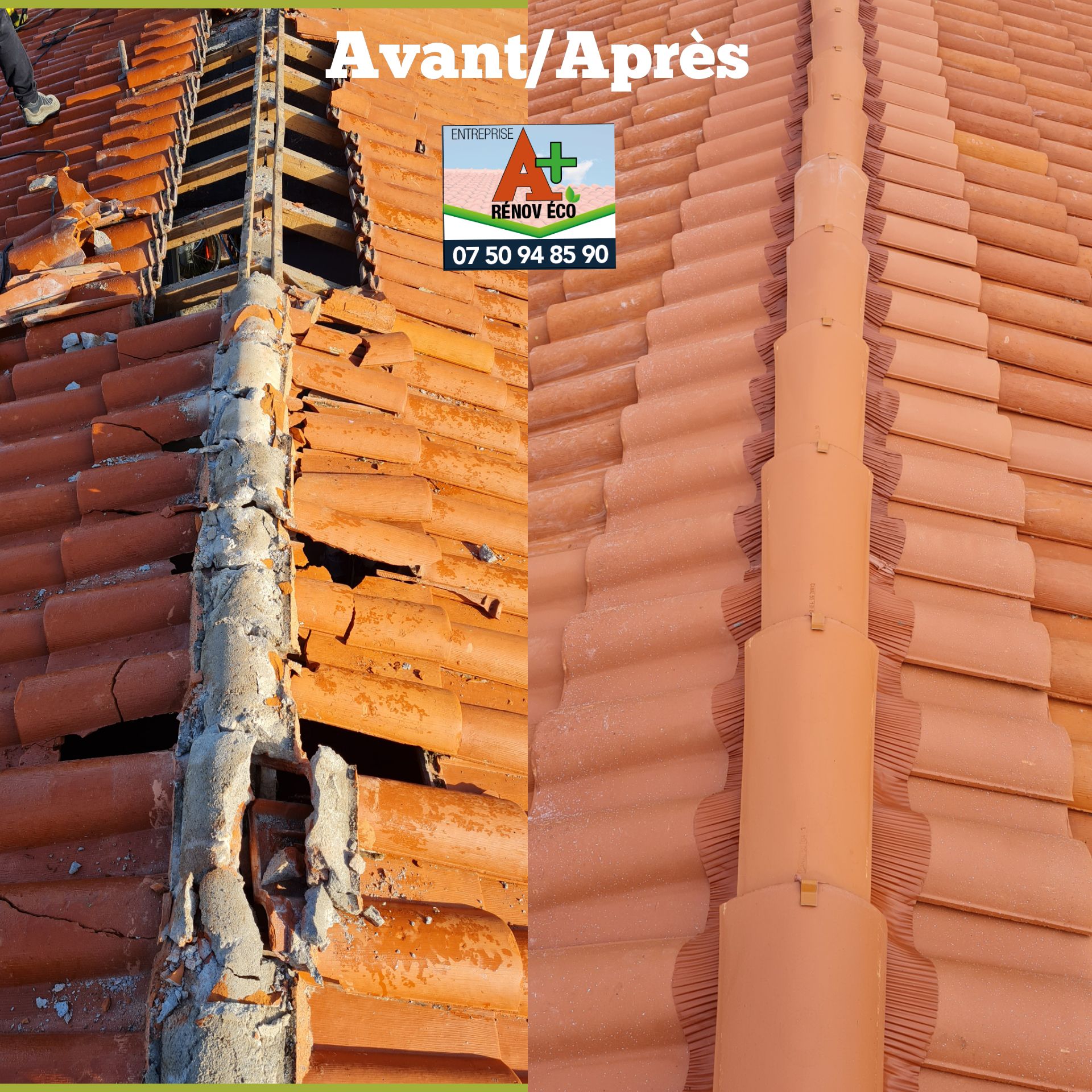 Remplacement de tuiles après sinistre, photos avant/après