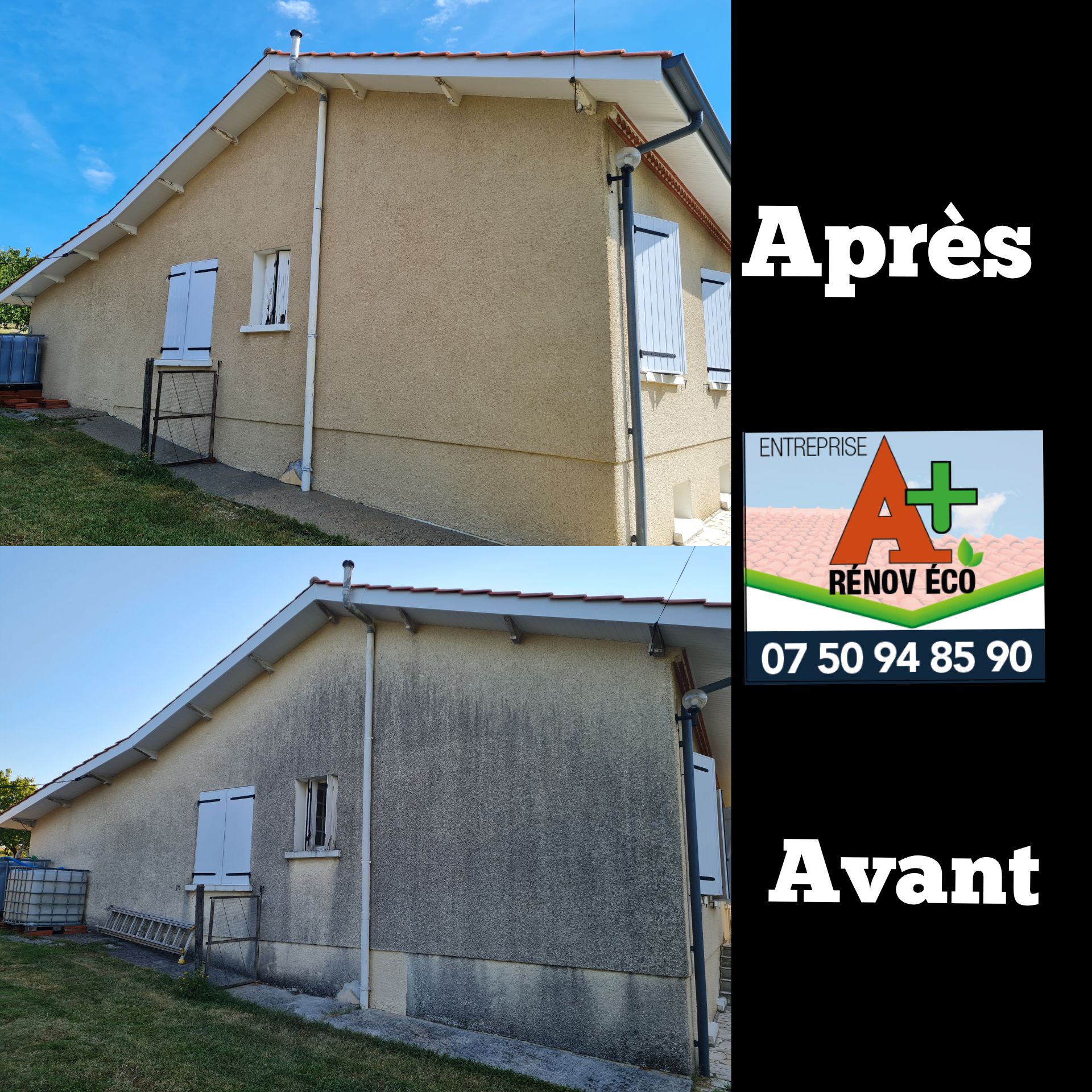 Montage photos avant/après le nettoyage d'une façade illustrer avec le logo et le numéro de A+ RÉNOV ÉCO