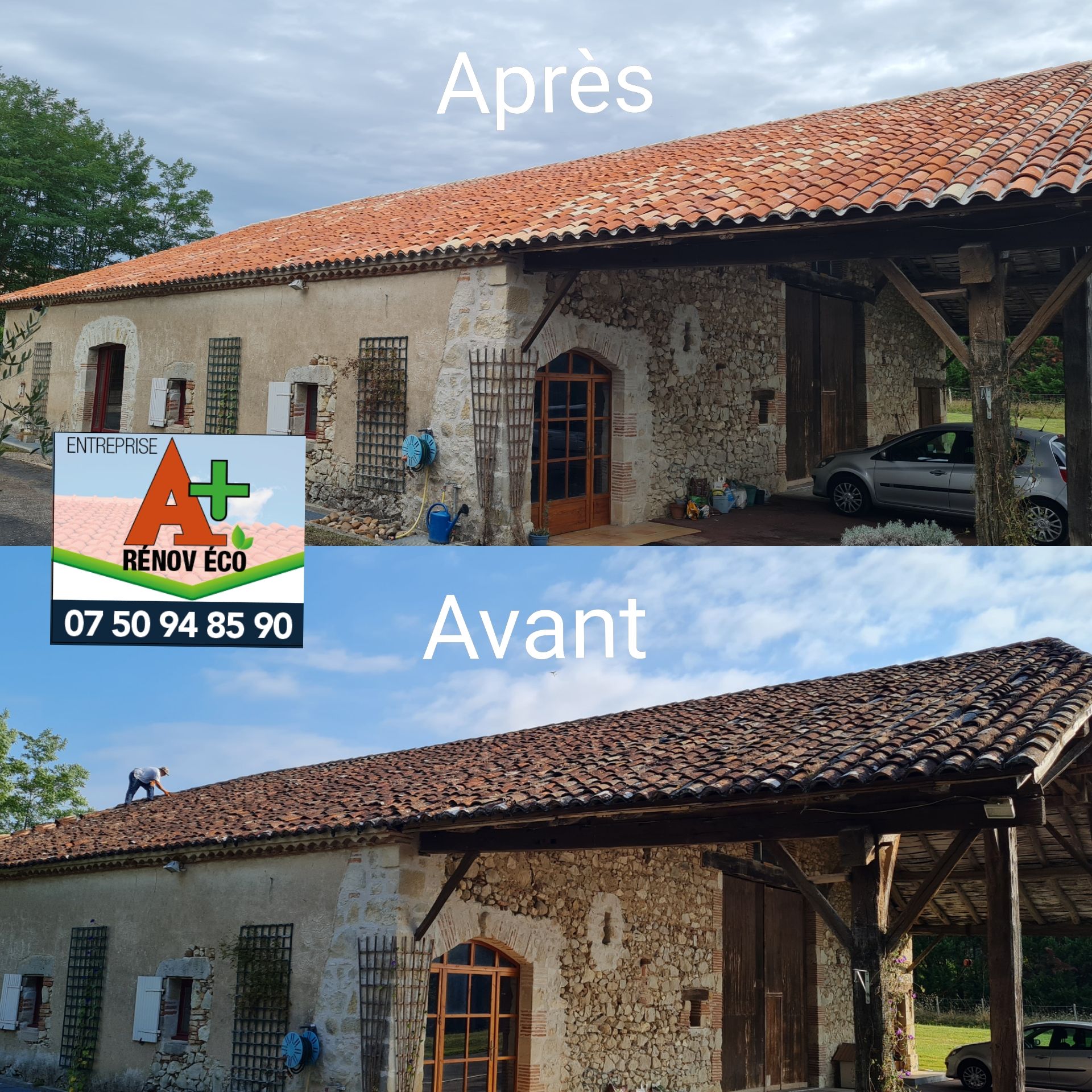 Photos avant/après rénovation d'une toiture de longère avec auvent