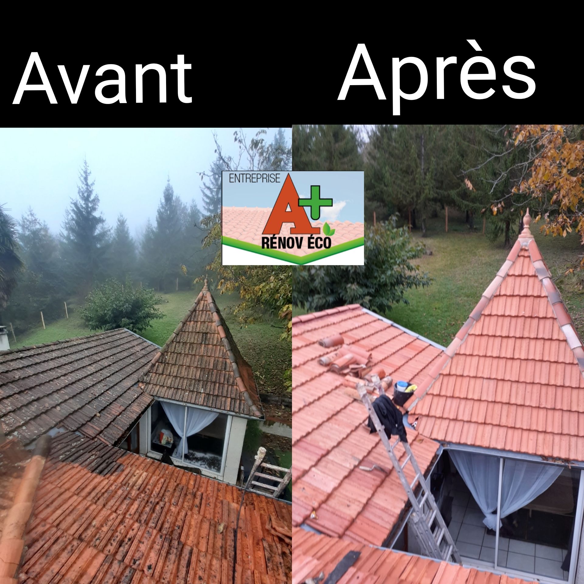 Photos avant/après montrant la rénovation et le nettoyage d'une toiture