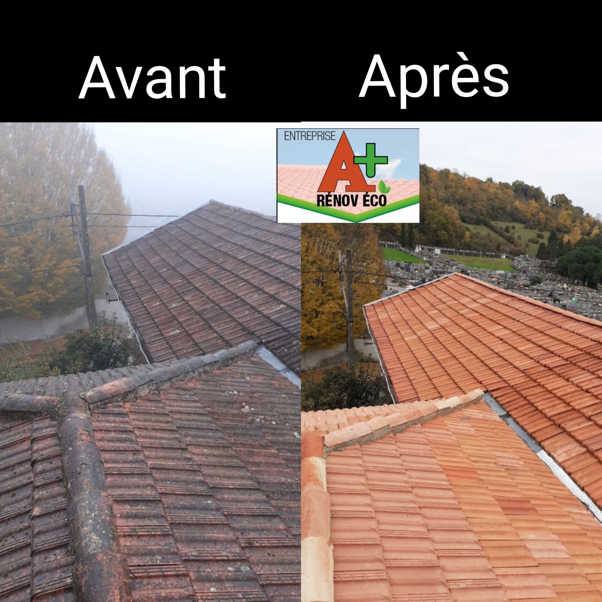 Logos de la société A+ RÉNOV ÉCO sur un photo montage avant/après de démoussage toiture