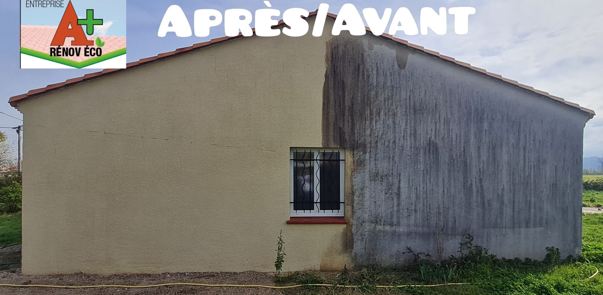 Nettoyage d'une façade en cours avec le résultat avant/après