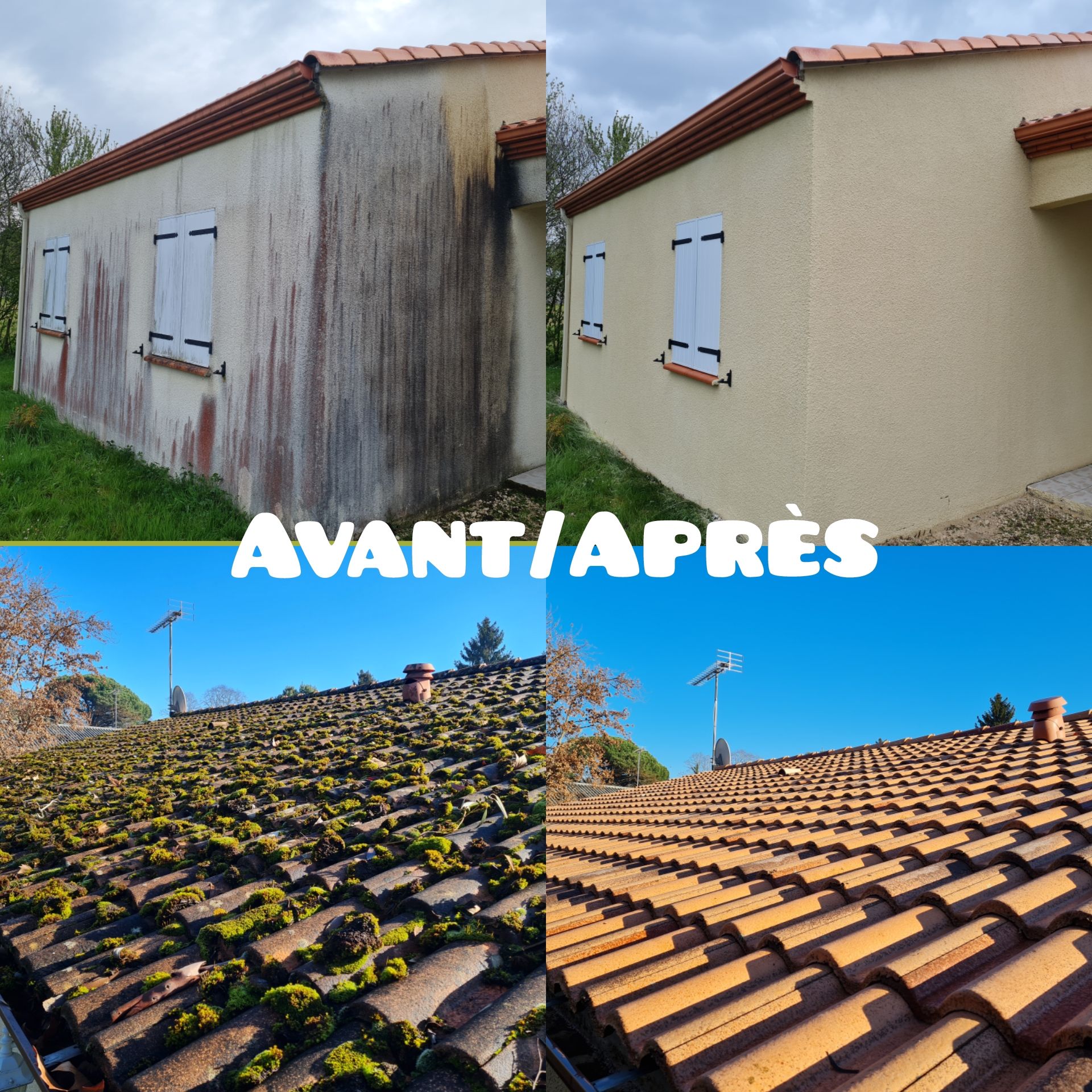 Montage de 4 photos avant/après qui montre un ravalement de façade et un démoussage de toiture