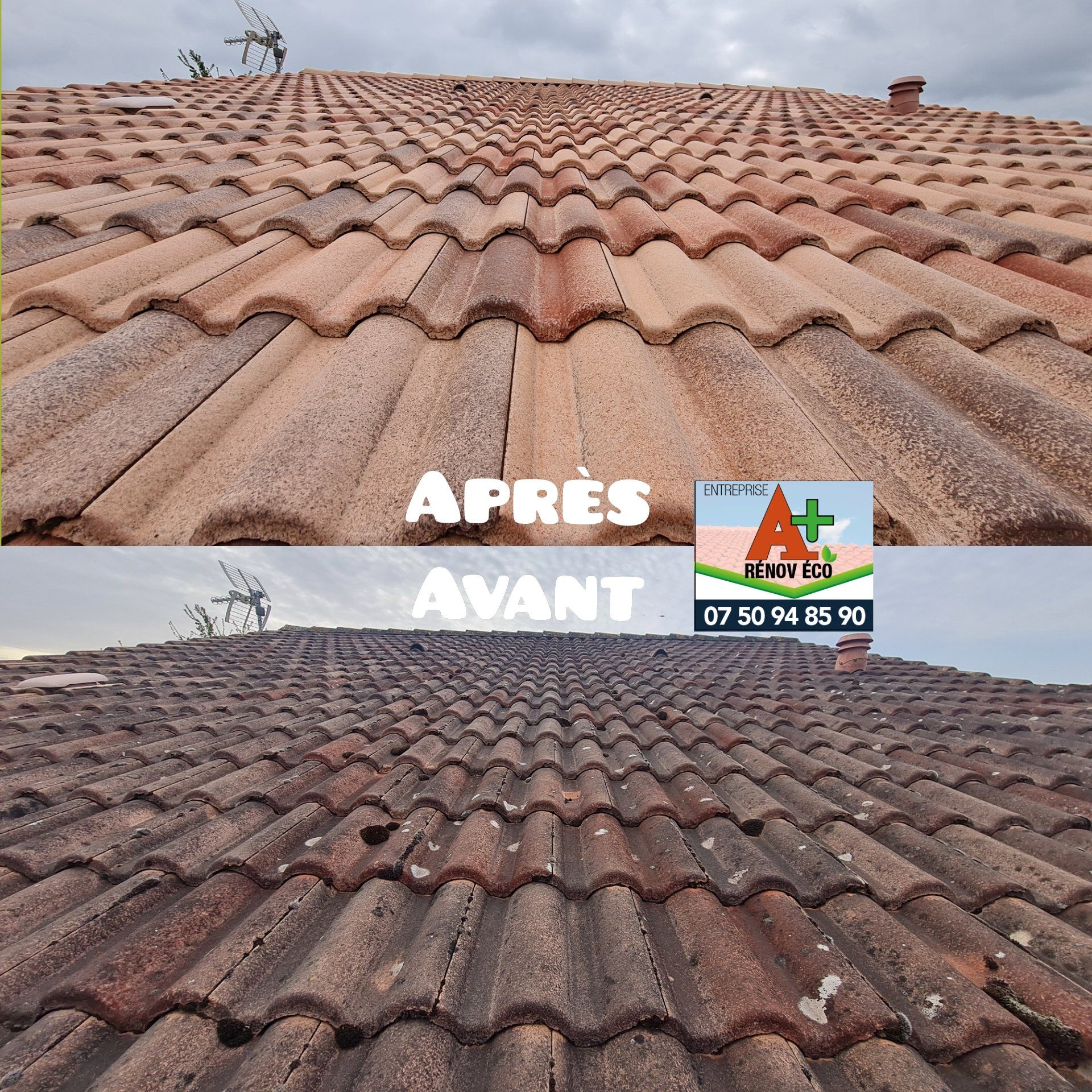 Photos avant/après d'un démoussage de tuiles avec logo de A+ RÉNOV ÉCO