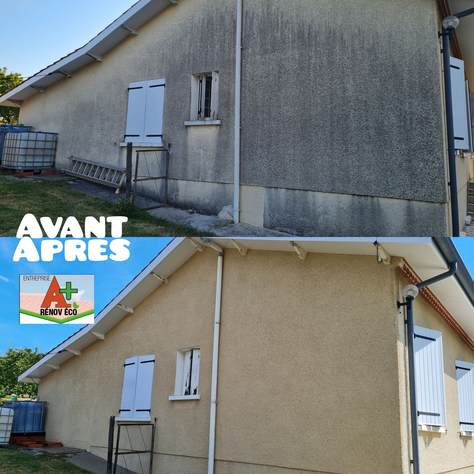 Photos montage d'un ravalement de façade avant/après estampillée du logo de l'entreprise A+ RÉNOV ÉCO