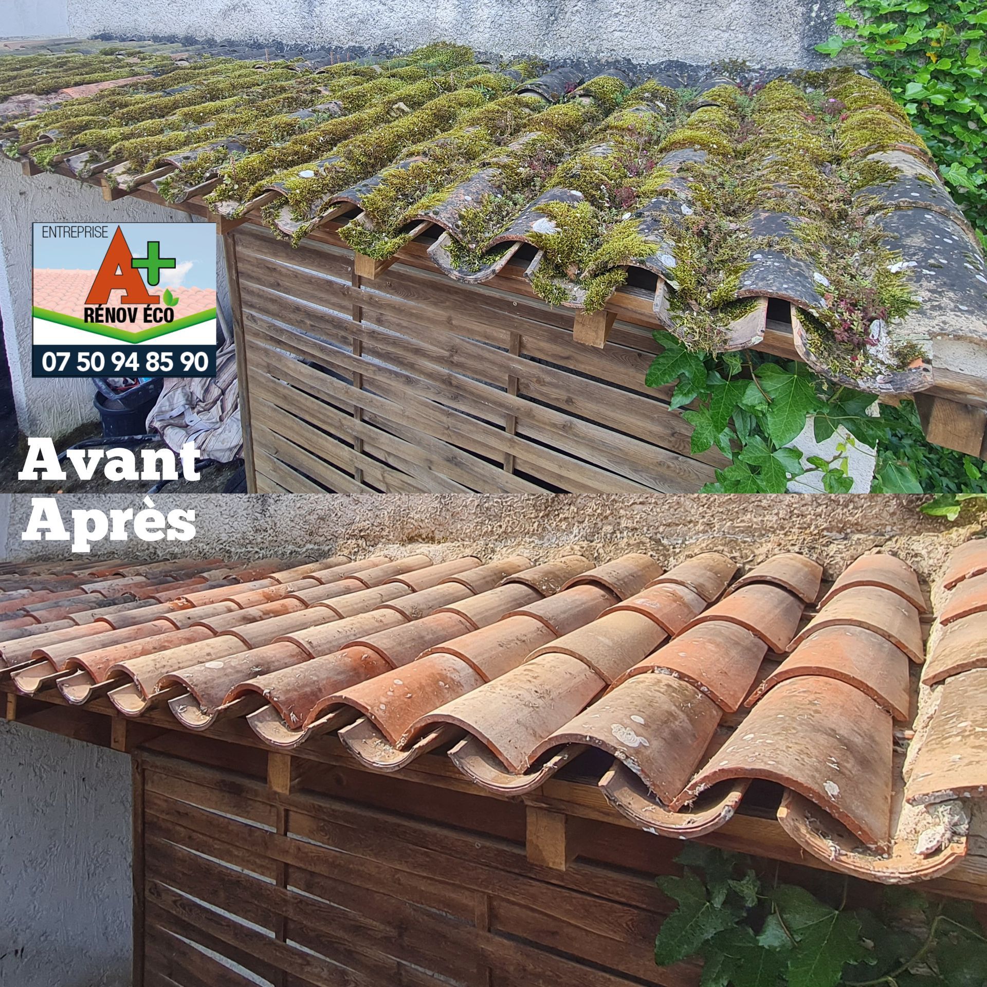 Photos montage d'un auvent en bois avant/après dont la toiture a été démoussée