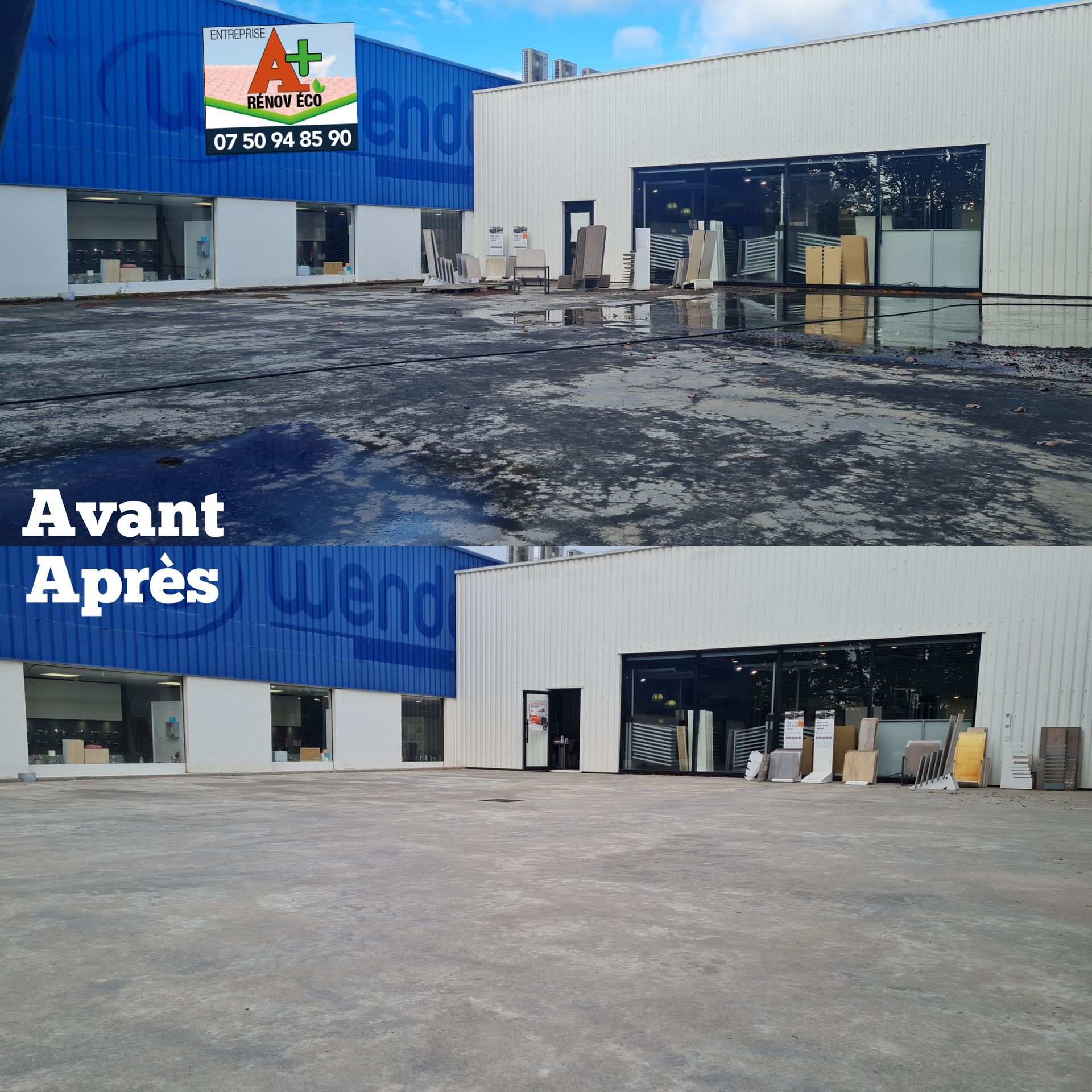 Photos montage avant/après du nettoyage d'un parking avec le logo de l'entreprise A+ RÉNOV ÉCO