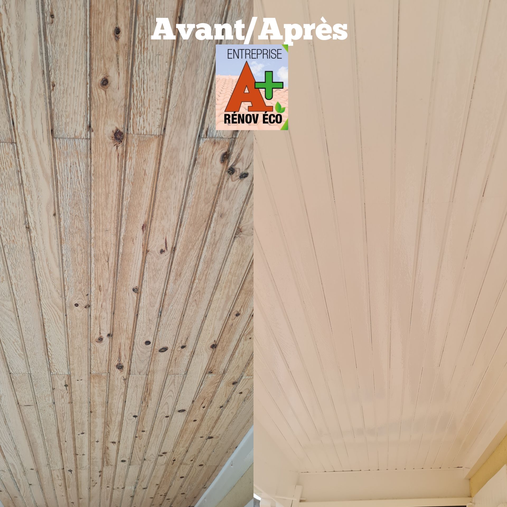 Photos montage avant/après de la peinture d'un plafond en bois